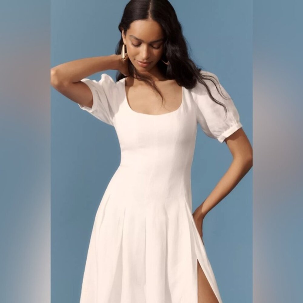 NEW Reformation Coucou Midi Linen Dress Puff Sleeves White | US 4 UK 8 - Picture 4 of 11